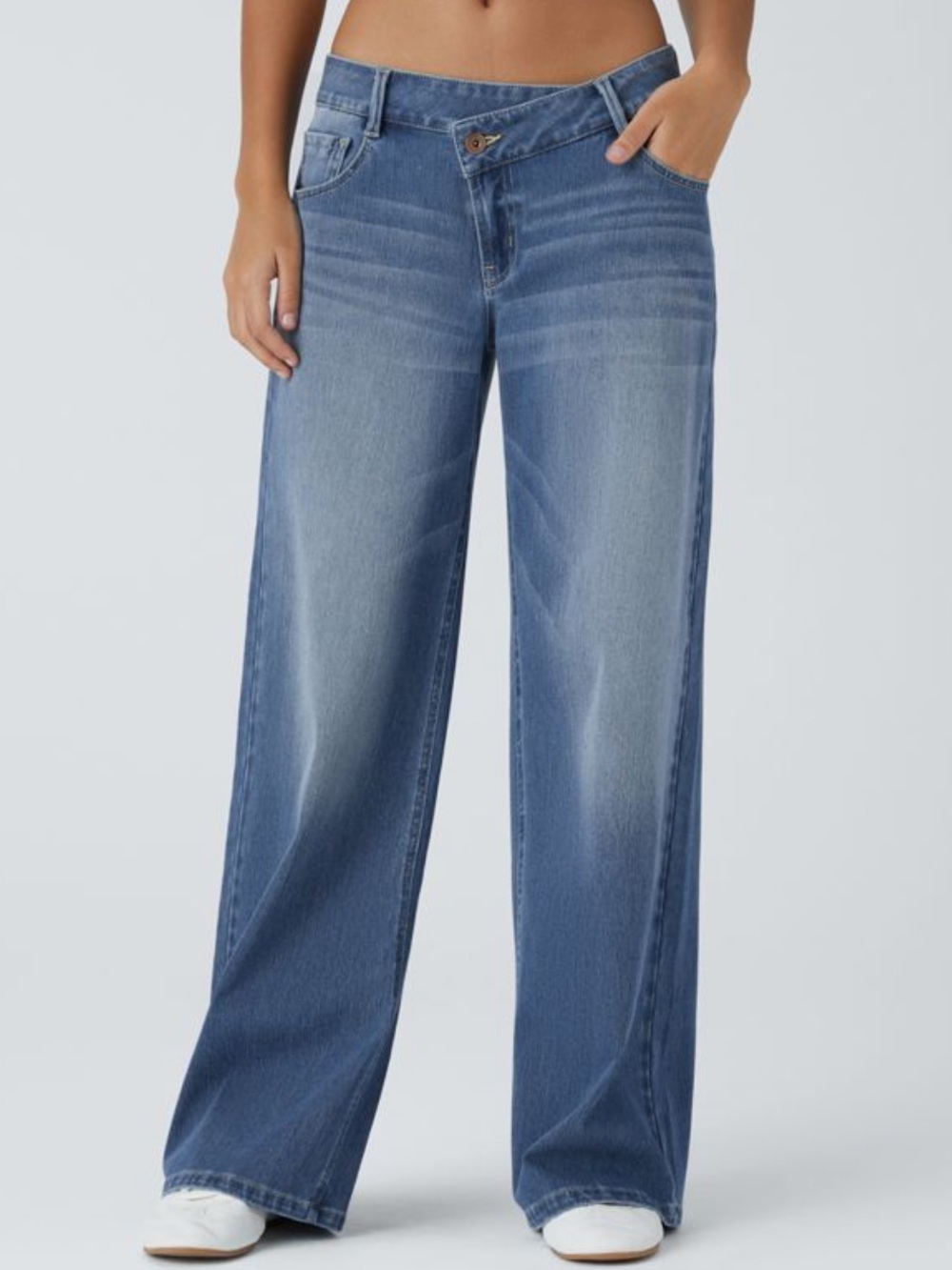 Halara Flex™ Asymmetric Low Rise Zipper Pockets Baggy Wide Leg Washed Jeans XL